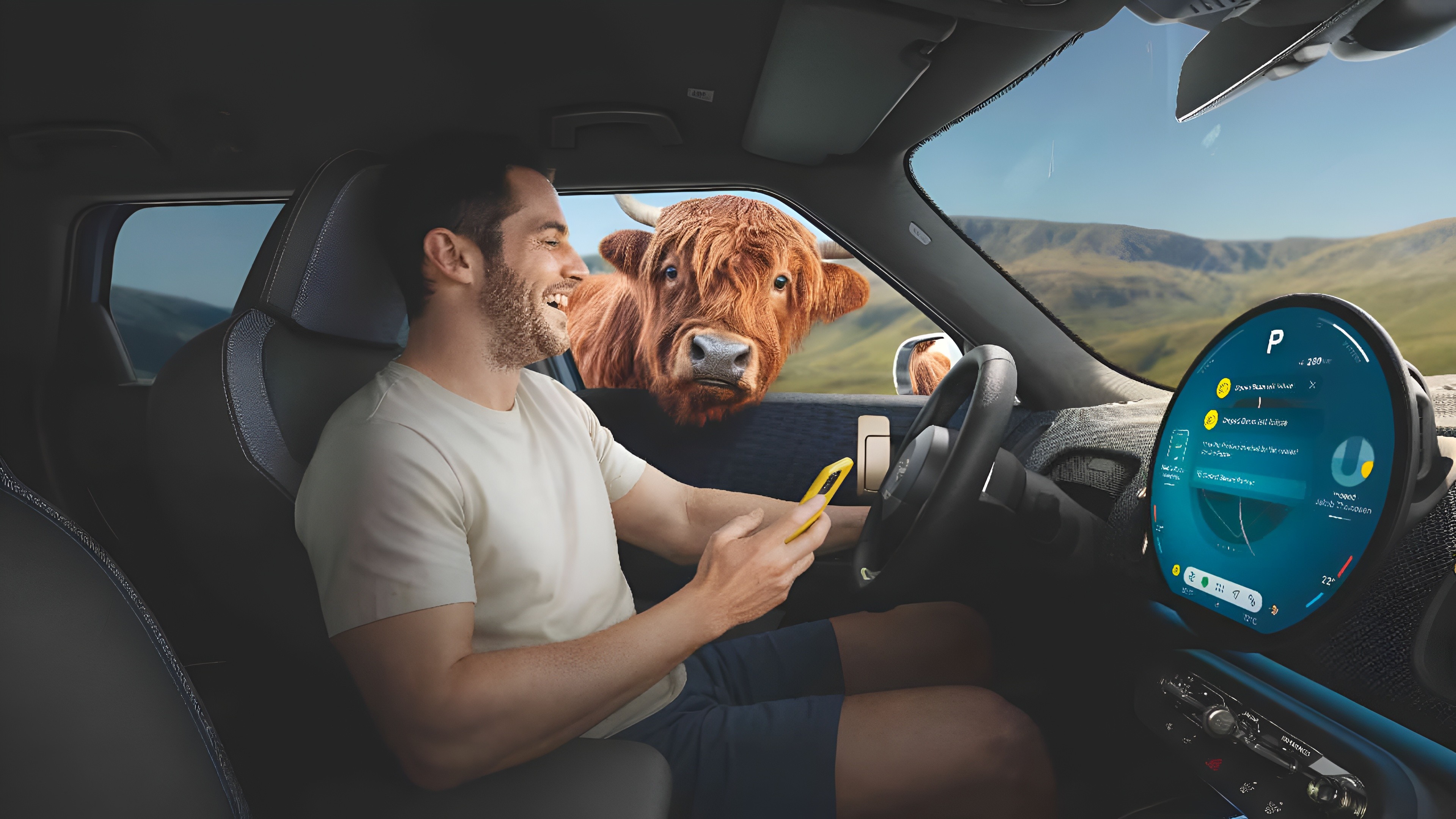Man leans relaxed against his MINI Countryman S ALL4 while surrounded by Highland Bulls on hilly terrain.